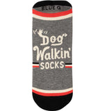 gray sock with black toes and sole with red and white stripes at the top and where the gray and black on the toes meet. the words "Dog Walking Socks" are in white in the middle of the sock with red white and red stripes coming from the word socks