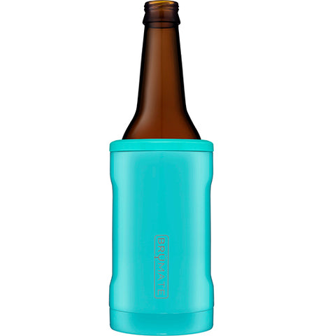 A light blue/aqua bottle cooler with a beer bottle in it.