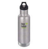 The silver steel water bottle with a loop cap and the Klean Kanteen logo printed in the center is shown individually.