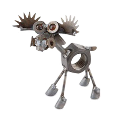 This is a miniature metal sculpture of a moose that has a nut for a body along with two antlers, yellow marbles for eye balls, a short tail, and a set of large hooves.