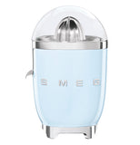 this pastel blue juicer shows its logo SMEG. The top is clear and shows the citrus grinder. There is a spout of the left side.
