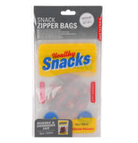 The yellow zipper bags are shown inside their gray packaging. The words, "Snack Zipper Bags" are shown in white lettering at the top.