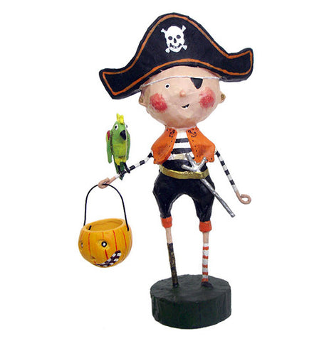 This figurine is of a young boy dressed as a pirate with a sword, hat, and eyepatch. The boy holds a pumpkin shaped Trick Or Treat pail and a parrot sits on his arm.