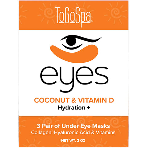 A package of eye treatments is bordered with an orange design. An eye logo is in the middle. The package reads "ToGoSpa. Eyes. Coconut & Vitamin D. Hydration +. 3 Pair of Under Eye Masks. Collagen hyaluronic acid & vitamins."