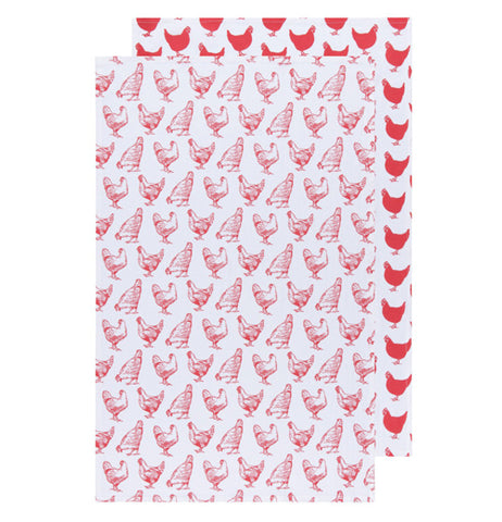 Set of 2 Chickens Print Red Floursack