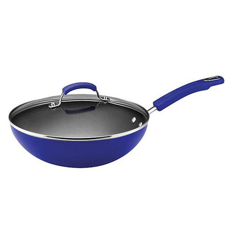 The Covered "Soup, Sauce, &  Saute" Pan is a blue pan with clear lid. Lid and pan have blue handles. 