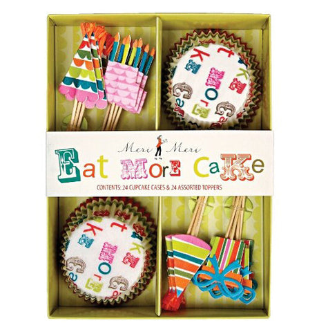 Cupcake kit with eat more cake theme packaged in a box. 