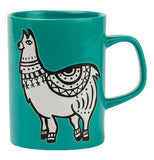 This turquoise ceramic mug has a picture of a white llama.