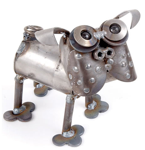 The Mini Pug is a garden ornament that is silver and made out of scrap metal.