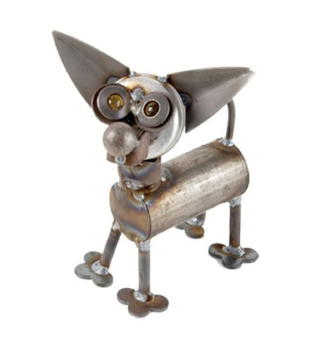 This Chihuahua dog sculpture is made out of scrap metal with long pointy ears, yellow marble eye balls, a round nose, and a curving tail.