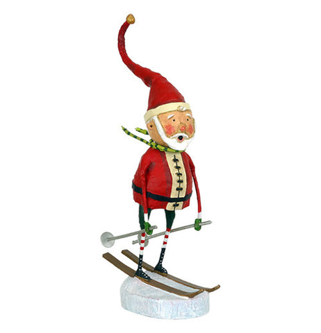 This Santa Claus figurine is shown skiing on a silver white snow base on brown skis with silver poles.