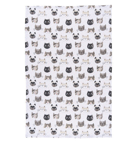 Cute kitty towel with a white background and black, white and grey cat faces.