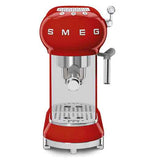 A Red and white expresso machine that says the words SMEG on it.