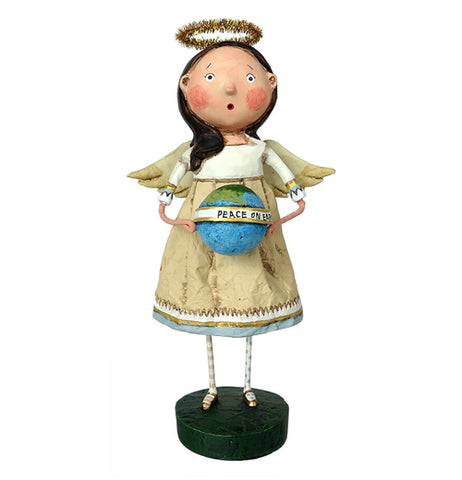 This figurine is of an angel dressed in a white robe with a golden halo on her head. In her hands is an earth globe with a white banner wrapped around it with the words, "Peace on Earth" in black lettering.