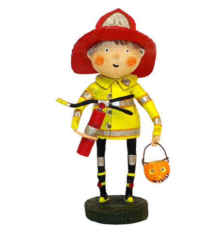 This figurine is of a firefighter wearing the red Hat, dressed in a firefighter's yellow jacket, holding a fire extinguisher in one hand, and a pumpkin-shaped Trick Or Treat candy container.