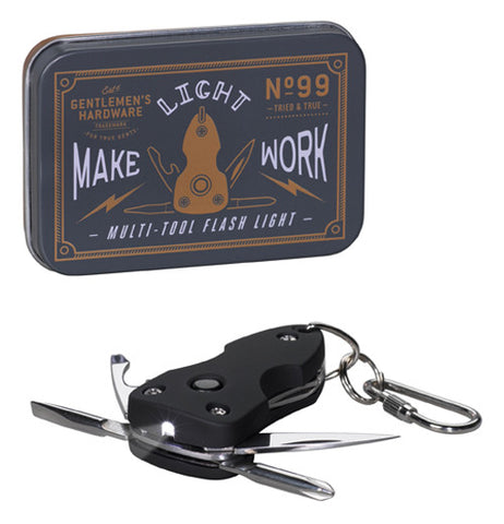 Key ring pocket multi-tool with flash light and metal box.