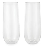 Two stemless champagne flute glasses.