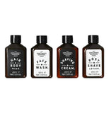 The hair wash, face wash, shaving cream, and post shave bottles are all shown together.