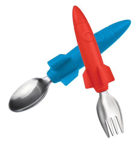 Silverware with handles that look like rockets, the fork is red and the spoon is blue.