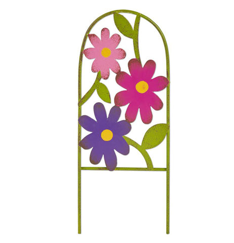 This miniature green sculpture is of an archway with a pink flower, a magenta flower, and a purple flower all attached to it.