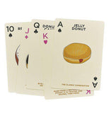 Front side of "Donut Lover's" 10, Jack, Queen, King, and Ace cards spread out with "Jelly Donut" Ace card over lapping the others showing a jelly donut design on a white background.