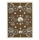 Brown and white back of a "Donut Lover's" playing card with diamond, star, and donut design on a white background.