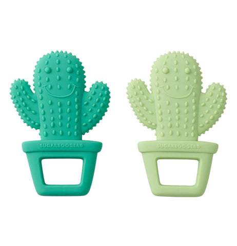 Two cactus teethers that are dark green and one light green; both with smiley faces.