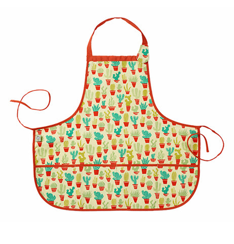 This yellow kiddie apron has a variety of light and dark green cacti in different orange pots with orange tying strings.
