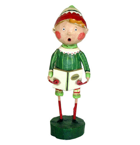 This caroling figurine wears a green and red knit cap and green with white stripe shirt while holding a caroling book.