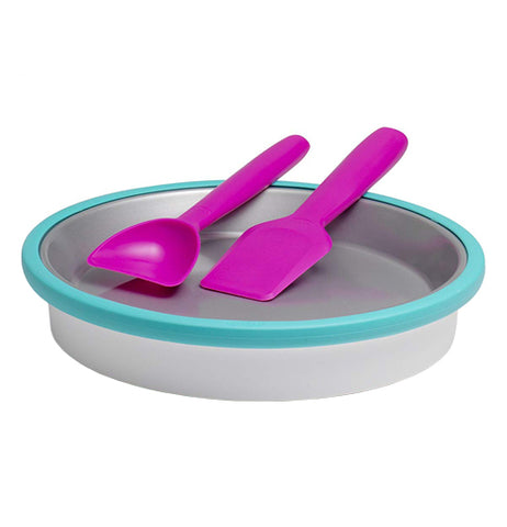 Two magenta ice cream spoons, one shaped like a spade, the other shaped like a deeper shovel, both sitting in a round silver pan with turquoise edges