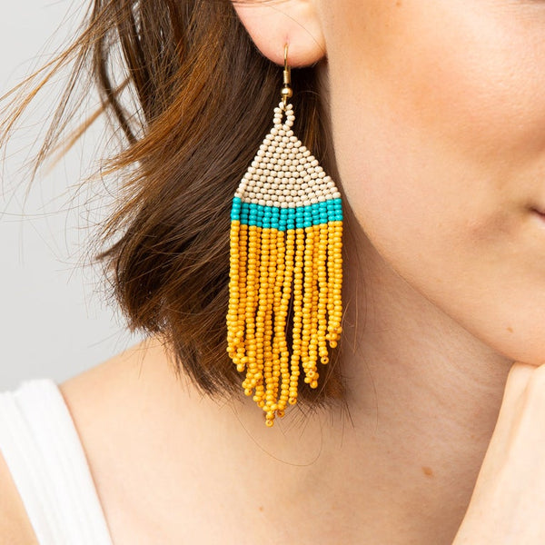 Yellow beaded tassel earrings on sale