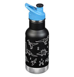 This black steel water bottle with a blue loop lid has a design of different origami dinosaurs.
