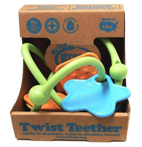 The multi-colored twist teether is shown in its cardboard packaging.