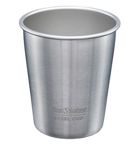 This stainless steel has the logo, "Klean Kanteen" in black lettering at the bottom front and "Steel Cup" below that separated by a line also in black lettering.