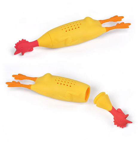 Herb infuser shaped like a yellow rubber chicken