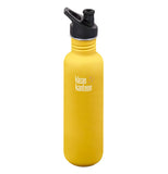This lemon curry yellow stainless steel water bottle has a black plastic sports lid and the words, "Klean Kanteen" in the middle.
