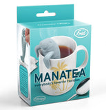 The blue package for the manatea infuser shows a pick of the infuser hanging from the rim of a coffee cup.