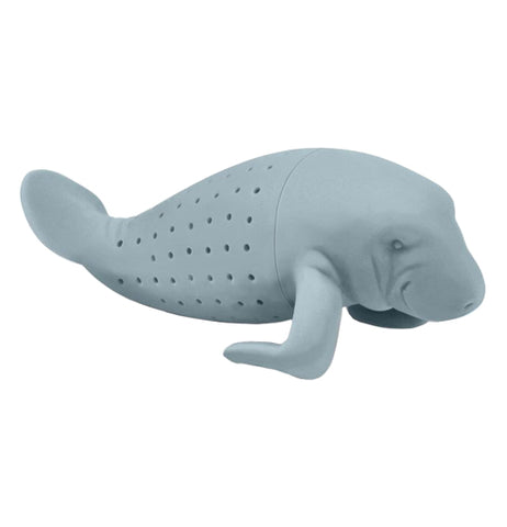 The close-up of a gray Manatee with holes in the bottom half containing small holes for use as a tea infuser.