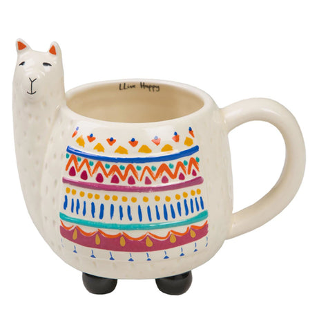 White ceramic mug in the shape of a LLama.  It has multiple sahpes and colors on the front.  It also has little black feet on the bottom.