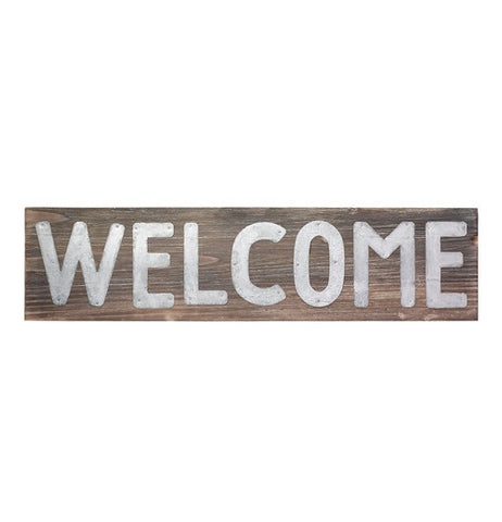 This is a Metal Pallet Sign that says "Welcome" with letters made from metal.