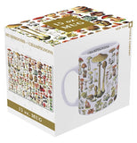 The cup featuring the different mushrooms is shown in its box, which has an image of the mug on one side, and an image of the mushrooms on the other.