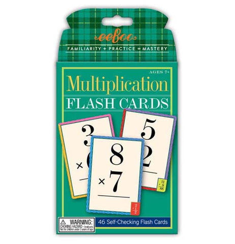 The "Multiplication" Flash Cards has 46 fully illustrated self-checking flash cards that are packaged in green. 