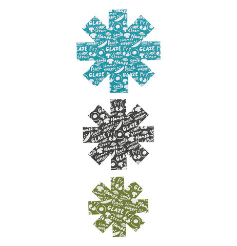 Three snow flakes shaped pan protectors in blue, black, and green, with text on them. 