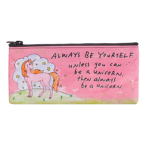 A pink unicorn on a green hill with a pink sky and text over the sky.