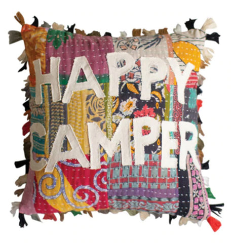 Pillow, Kantha "Happy Camper"
