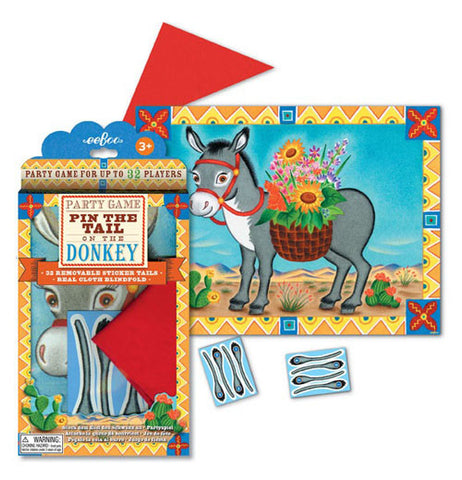 The "Pin the Tail on the Donkey" Party Game has been taken out with pairs of removable sticker tails, and game board unfolded. 