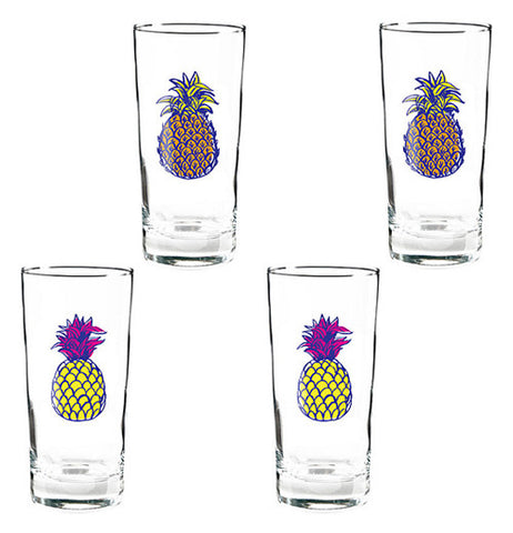 These pineapple glasses have four diferent colors on them some are green and brown the others are purple and yellow. there is one pineapple on each glass.
