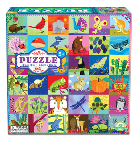 The box for the 64 piece puzzle shows what the puzzle looks like with a bunch of different animals including a bear, a lion, an owl and much more.