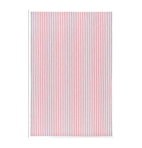 Front view of red and white striped towel for cleaning glasses.