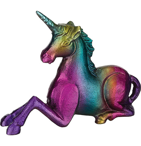 An iridescent, rainbow statue of a unicorn lying down.